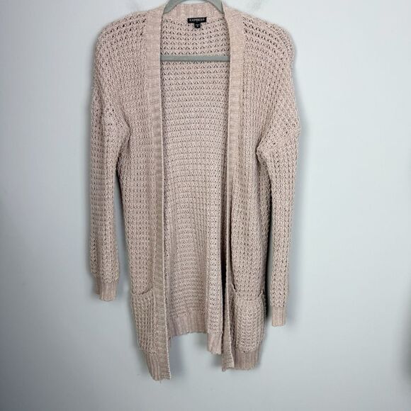 EXPRESS | Open Knit Open Front Beige Tan Cardigan with Pockets Women’s Size M - Picture 2 of 10
